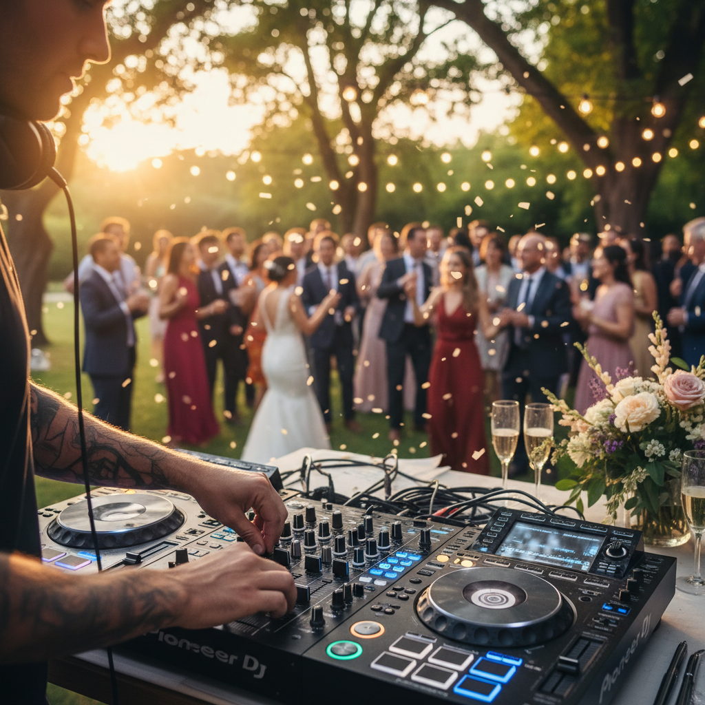 DJ en train de mixer lors d un mariage dans un jardin