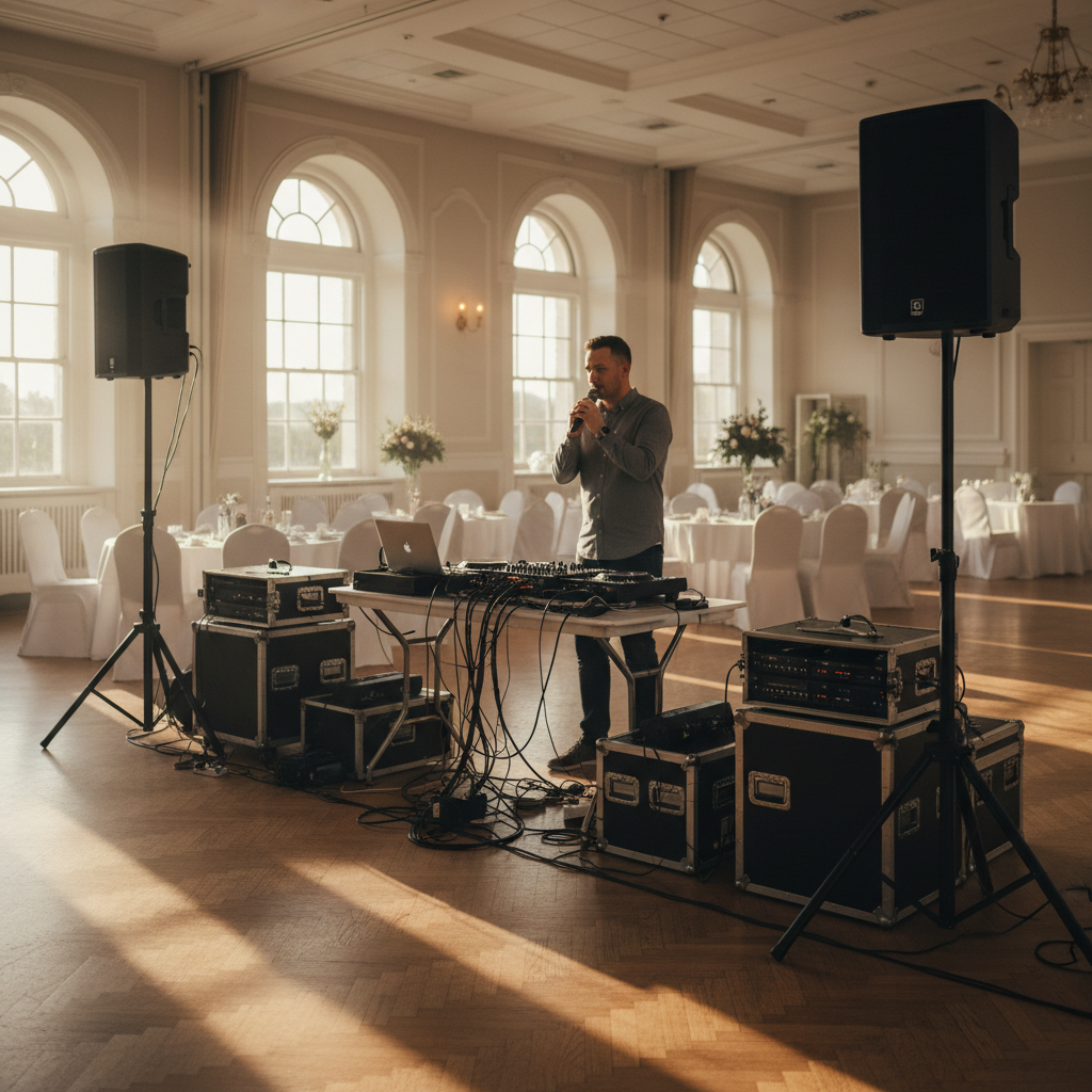 Sound check DJ dans salle de mariage