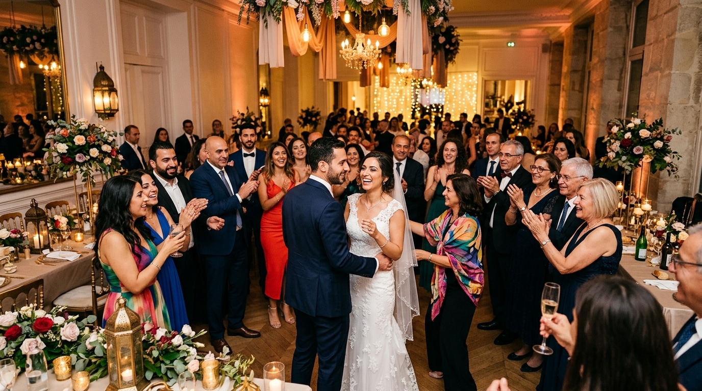Réception de mariage mixte franco-libanais à Paris avec familles réunies dans une salle festive et élégante