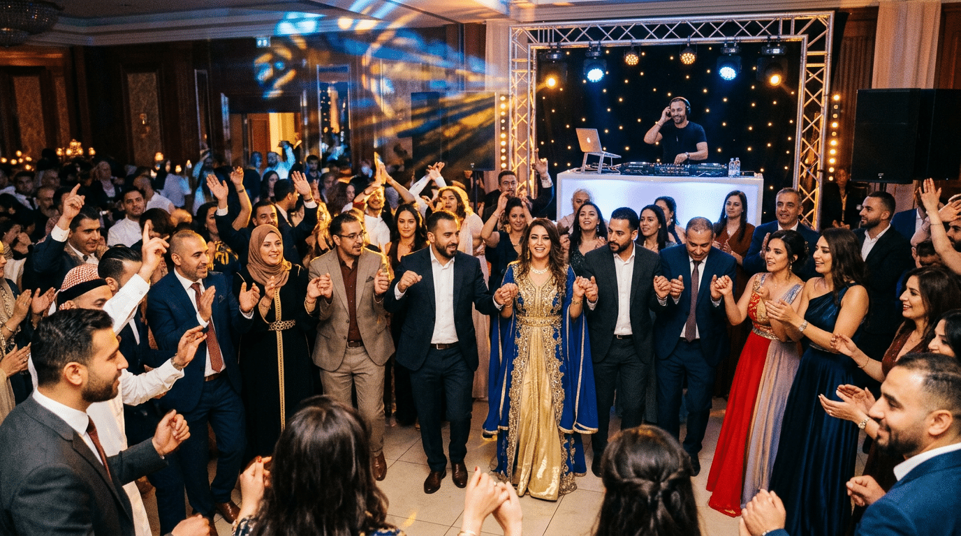 Piste de danse animée lors d'un mariage oriental à Paris, invités dansant le tarab sous des lumières festives