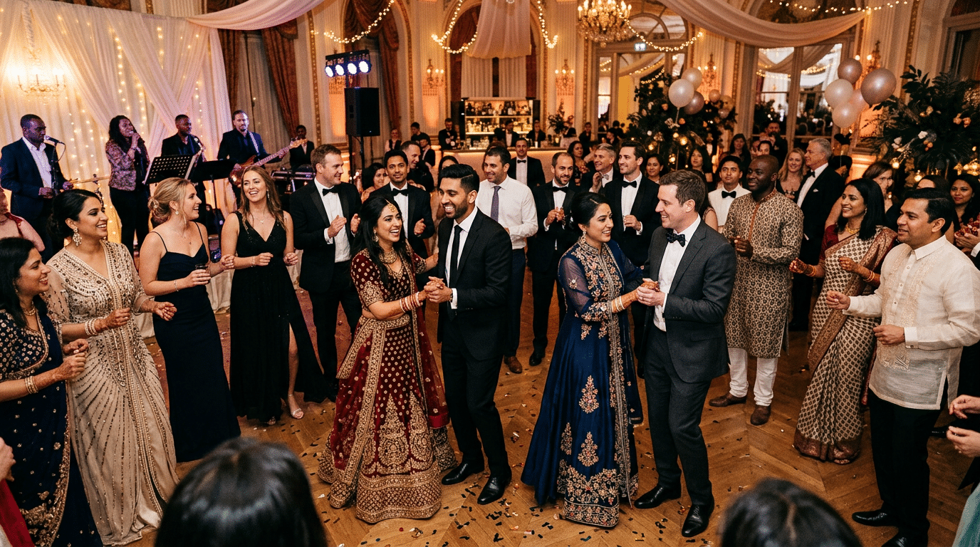 Piste de danse lors d'un mariage mixte à Paris, ambiance chaâbi et festivités orientales
