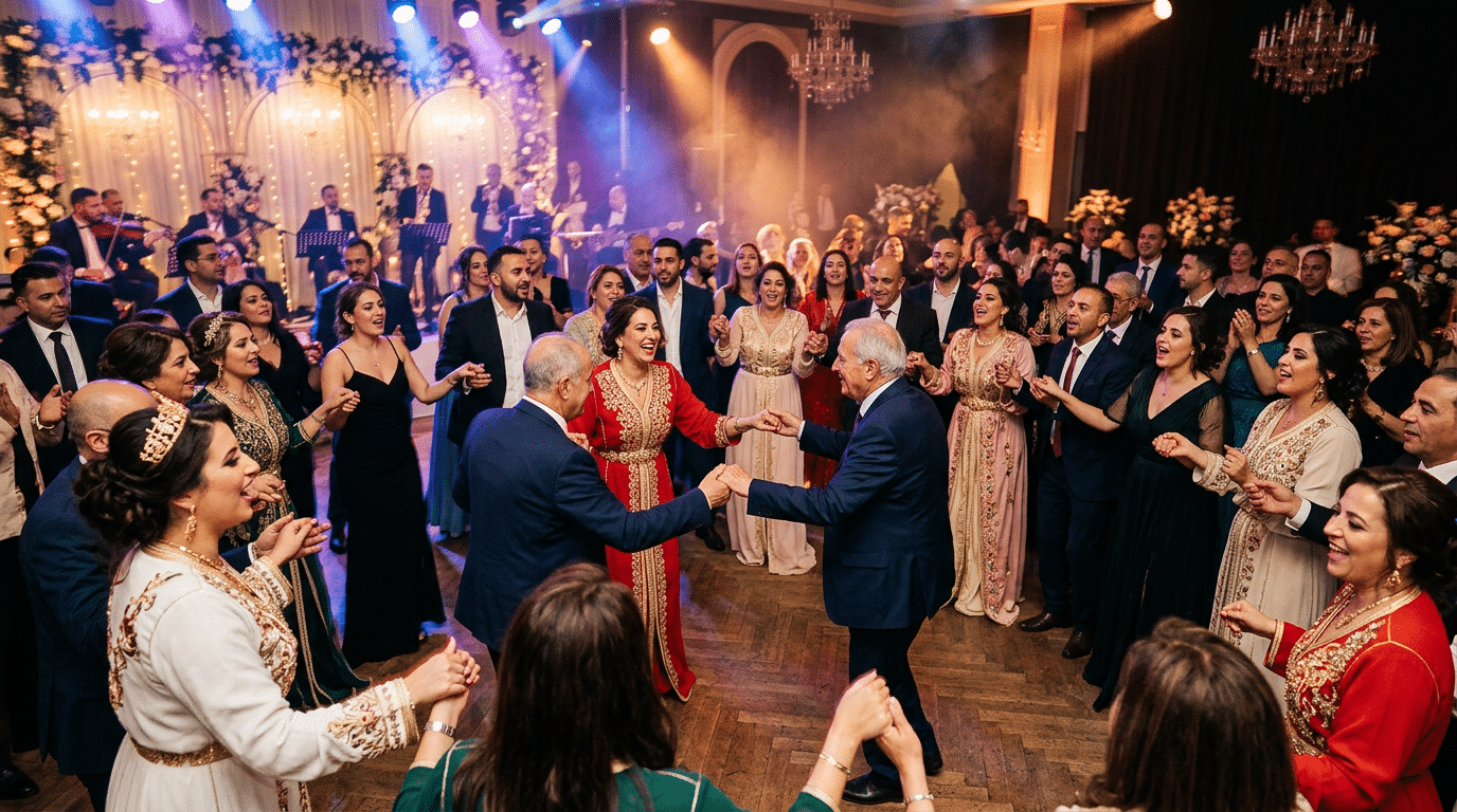 Invités dansant en cercle lors d'un mariage oriental animé dans une salle festive en Île-de-France