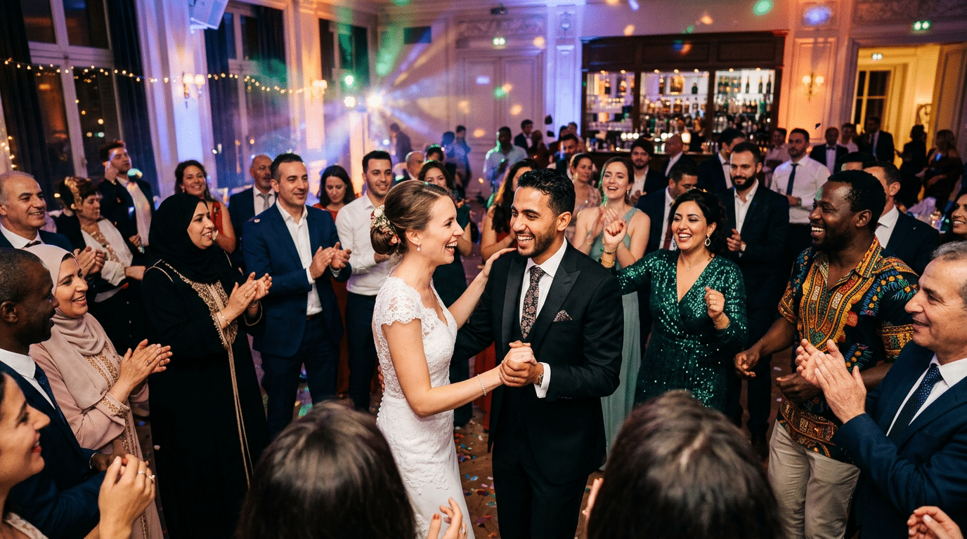 Couple de mariés et invités sur la piste de danse lors d'un mariage mixte franco-oriental à Paris