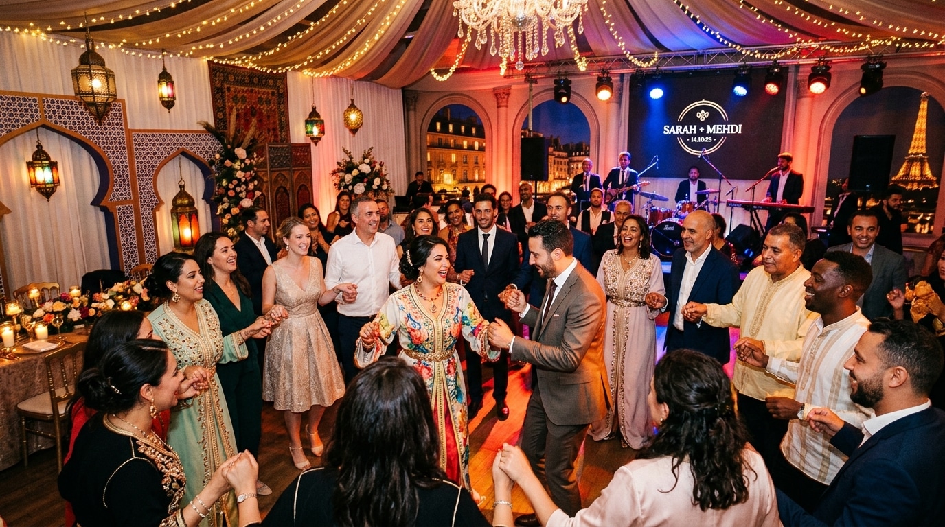 Soirée mariage mixte franco-marocain à Paris, invités réunis sur la piste de danse