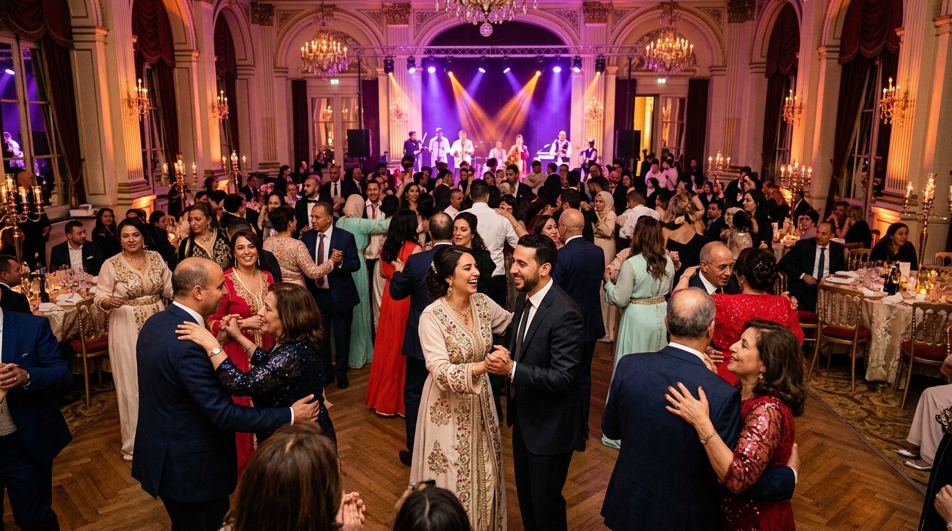 Invités dansant lors d'un mariage marocain à Paris, ambiance festive sur la piste de danse