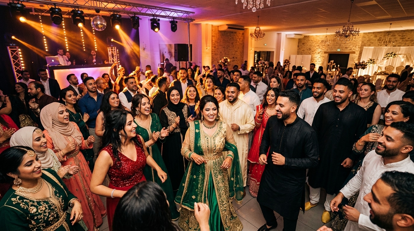Piste de danse lors d'un mariage oriental en Île-de-France, invités en fête sous des éclairages chauds et colorés