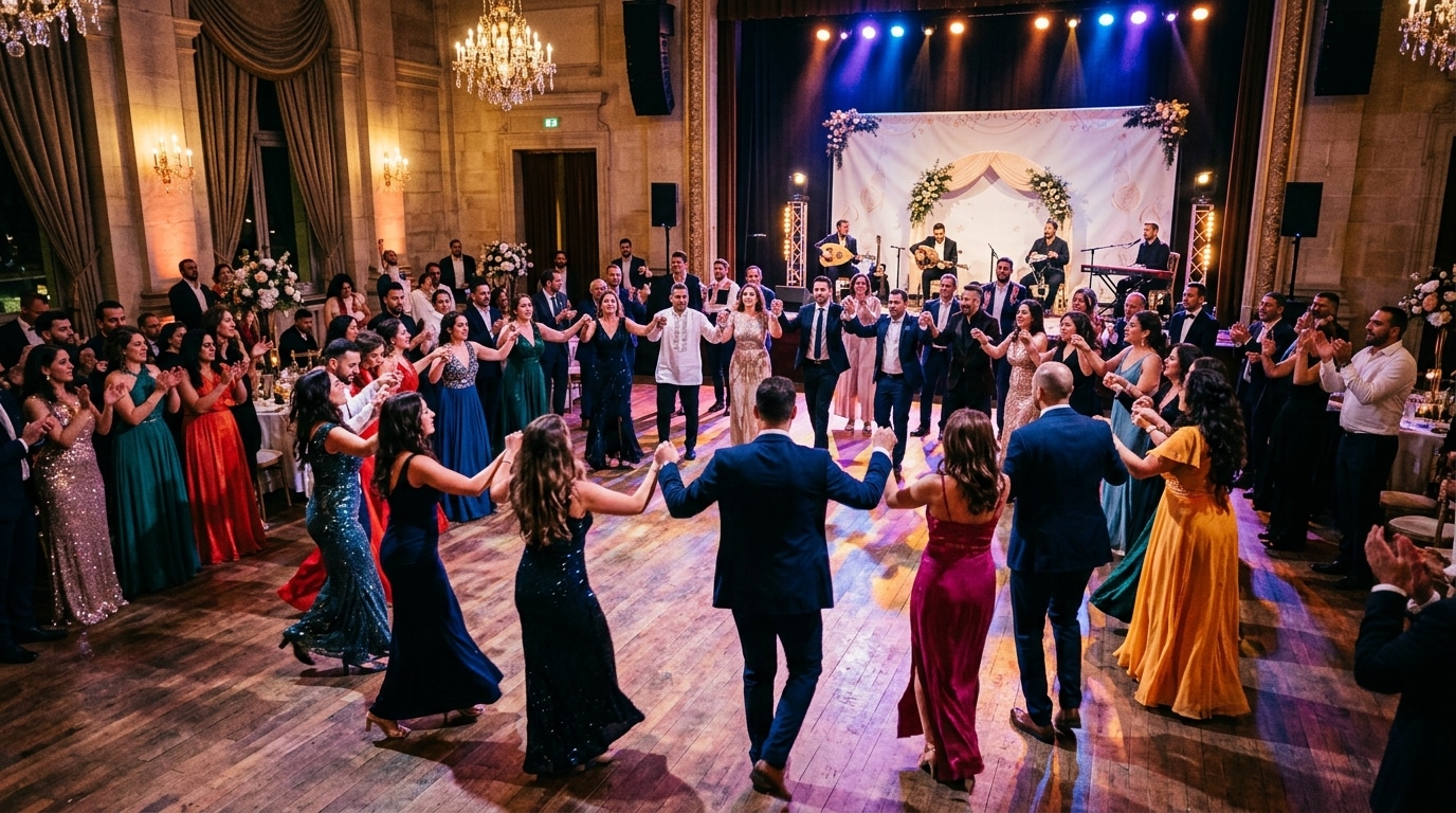 Invités dansant la Dabkeh en cercle sur la piste lors d'un mariage oriental à Paris