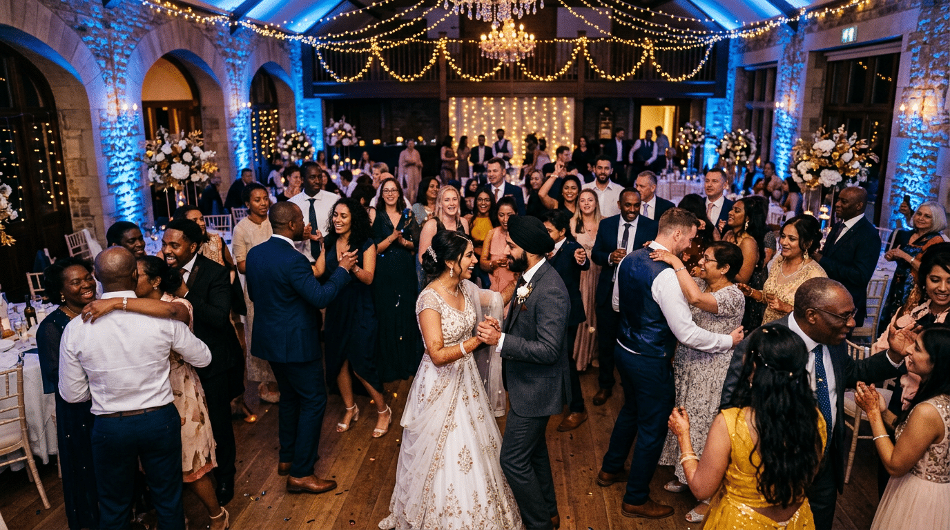 Piste de danse animée lors d'un mariage mixte oriental à Paris, ambiance festive et lumières colorées