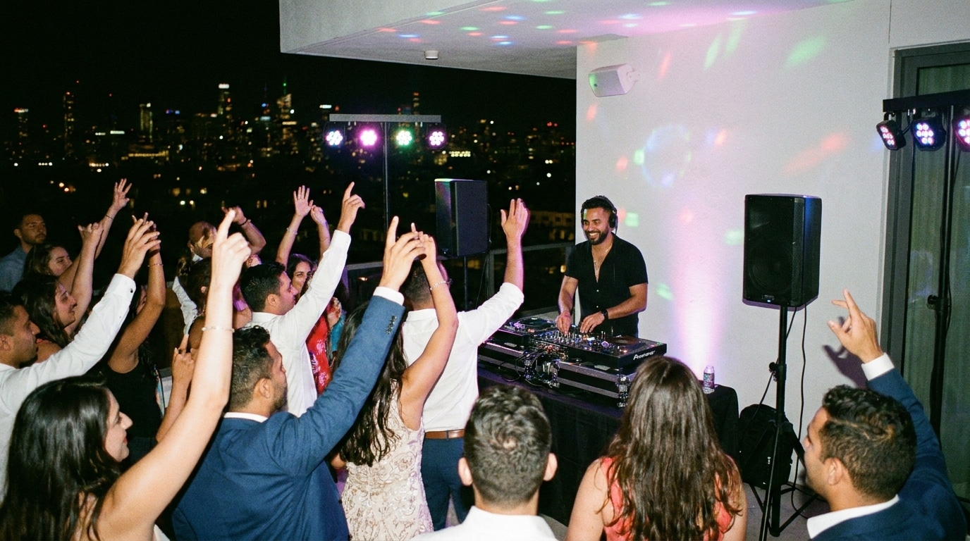 Piste de danse animée par un DJ lors d'un mariage sur un rooftop la nuit