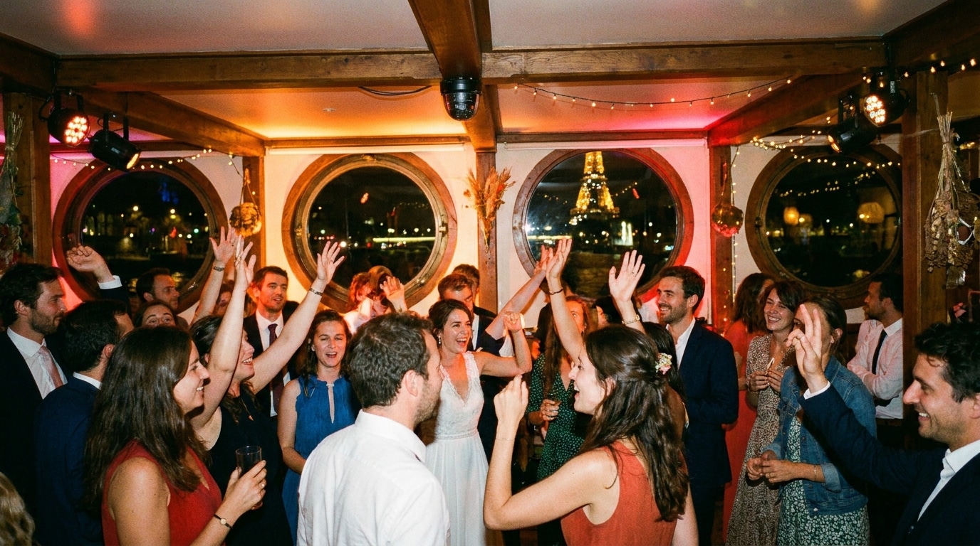 Piste de danse animée à bord d'une péniche lors d'un mariage à Paris