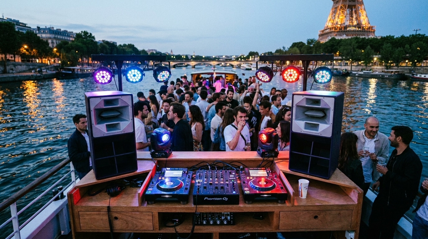 Installation DJ compacte sur le pont d'une péniche parisienne au crépuscule