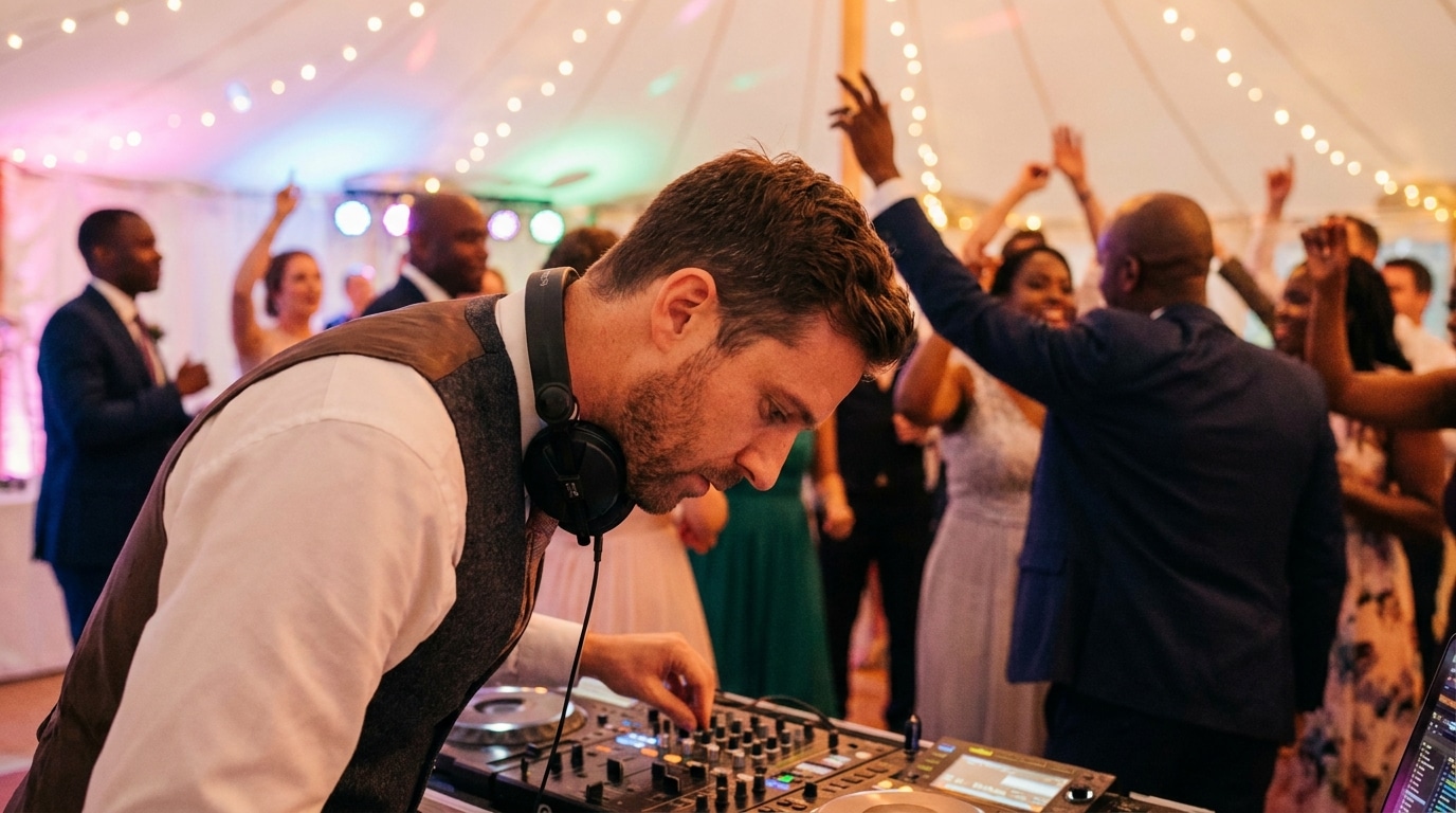 DJ mixant lors d'un mariage mixte franco-oriental devant des invités qui dansent