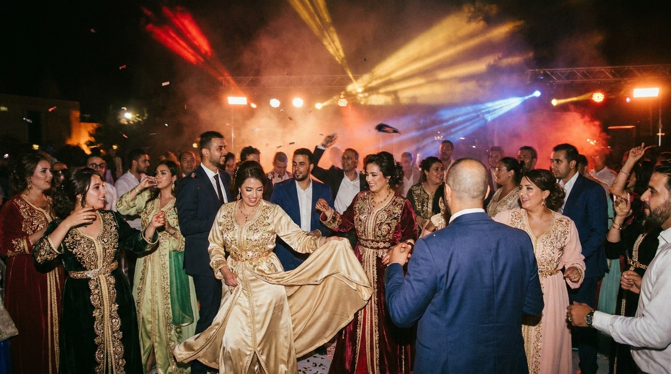 Invités qui dansent sur la piste d'un mariage oriental sous les lumières de fête