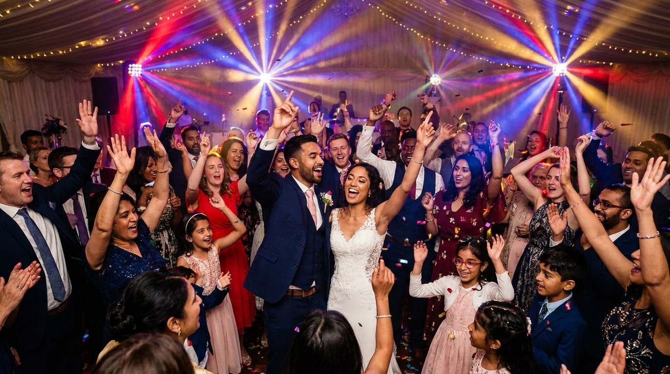Mariés et invités au pic de la soirée dansante d'un mariage