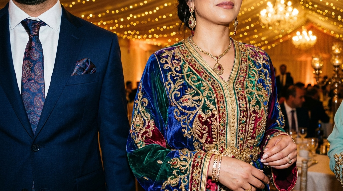 Tenues élégantes d'invités caftan et costume à un mariage oriental