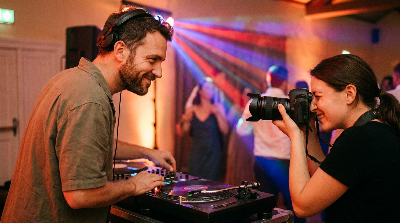 Le DJ et le photographe se coordonnent pour capter le bon moment sur la piste